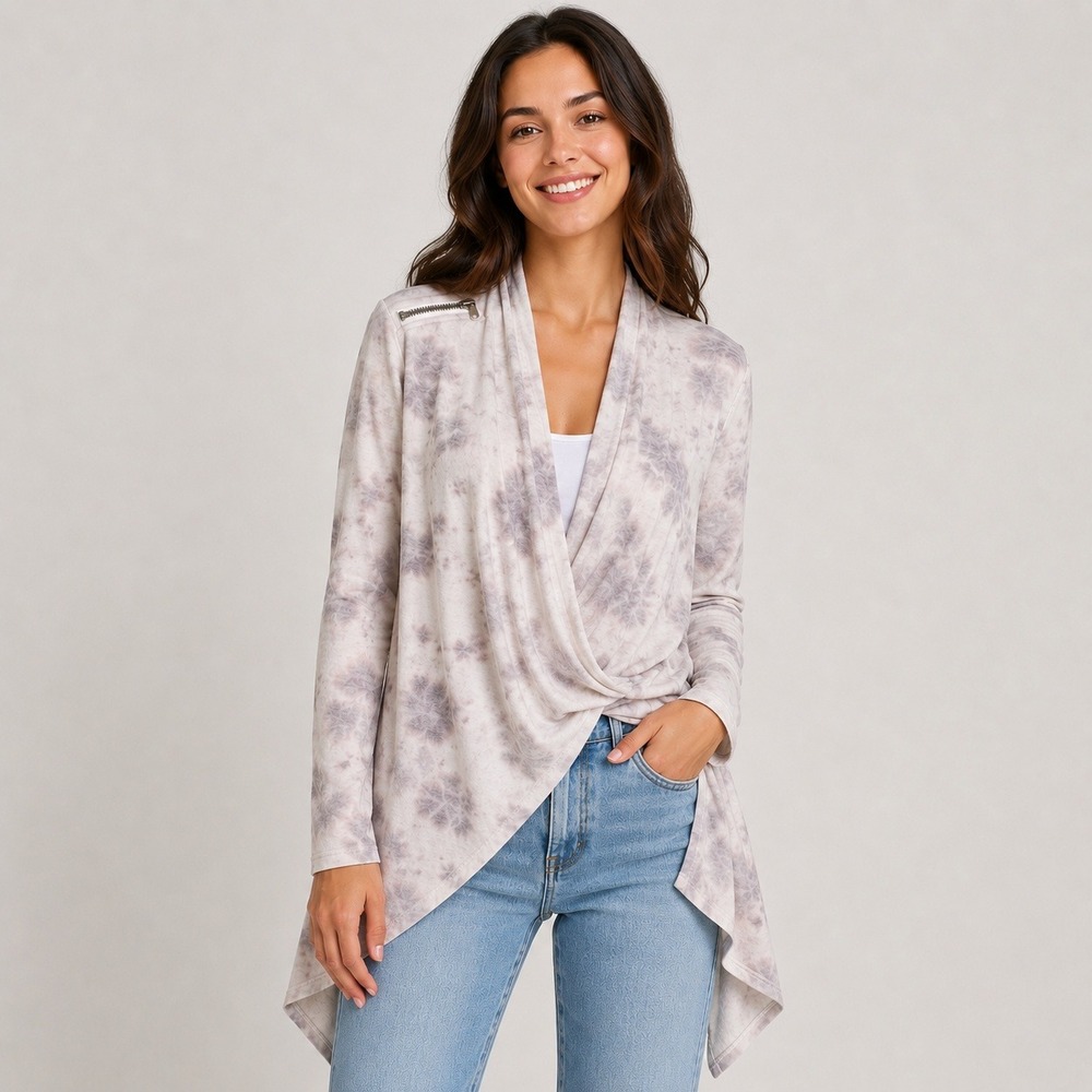 Cyrus Tie Dye‎ Cowl Neck Draped Cardigan Grey Cream Asymmetrical Hem Large NEW